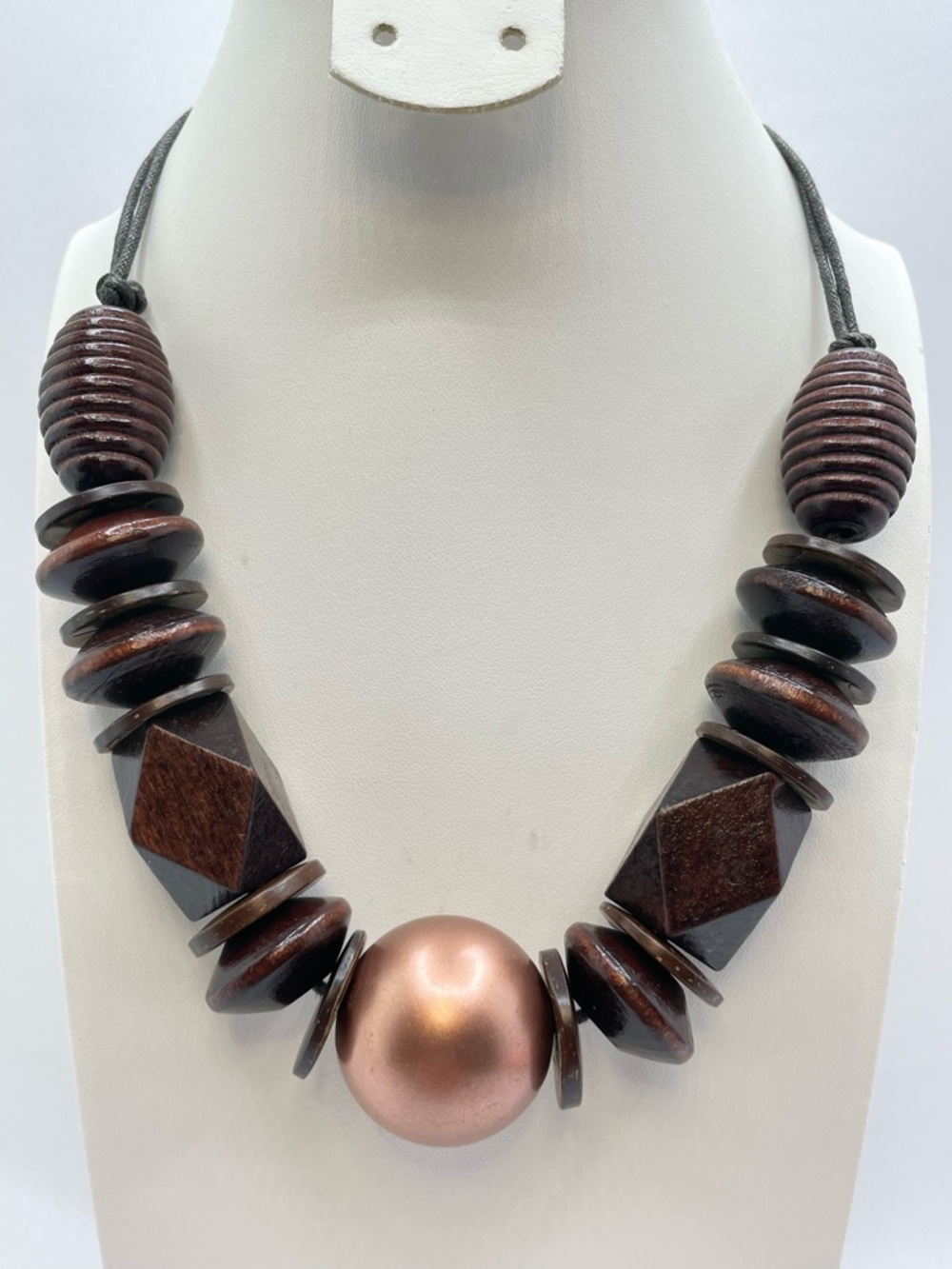 Chunky Wood Bead Necklace Brown Statement Boho Tribal Adjustable Cord